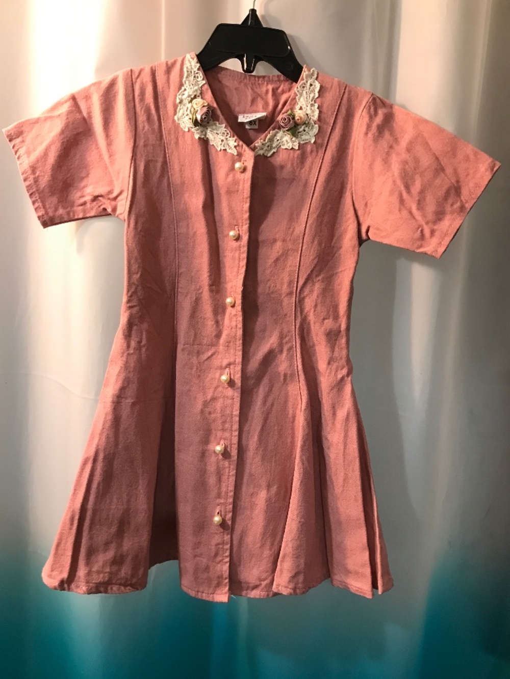 Vintage 90's Bella Bambina Pink Denim Girl's Dress w/Crocheted Lace Collar Sz 6x